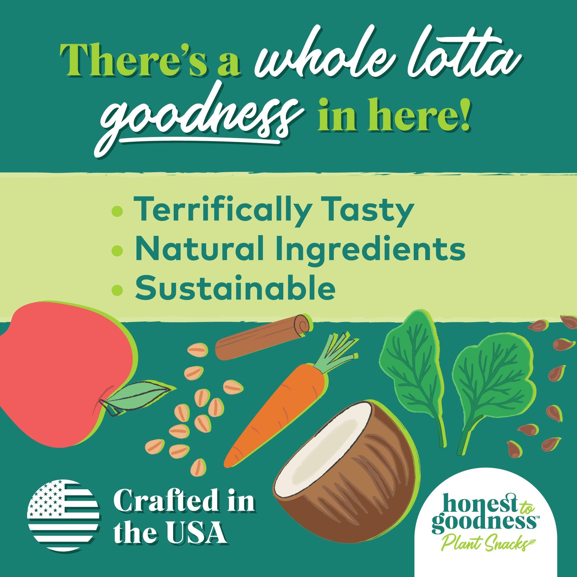 There's a whole lotta goodness in here! Terrifically tasty sustainable natural ingredients crafted in the USA. Pumpkin, carrot, coconut and pomegranate just to name a few.