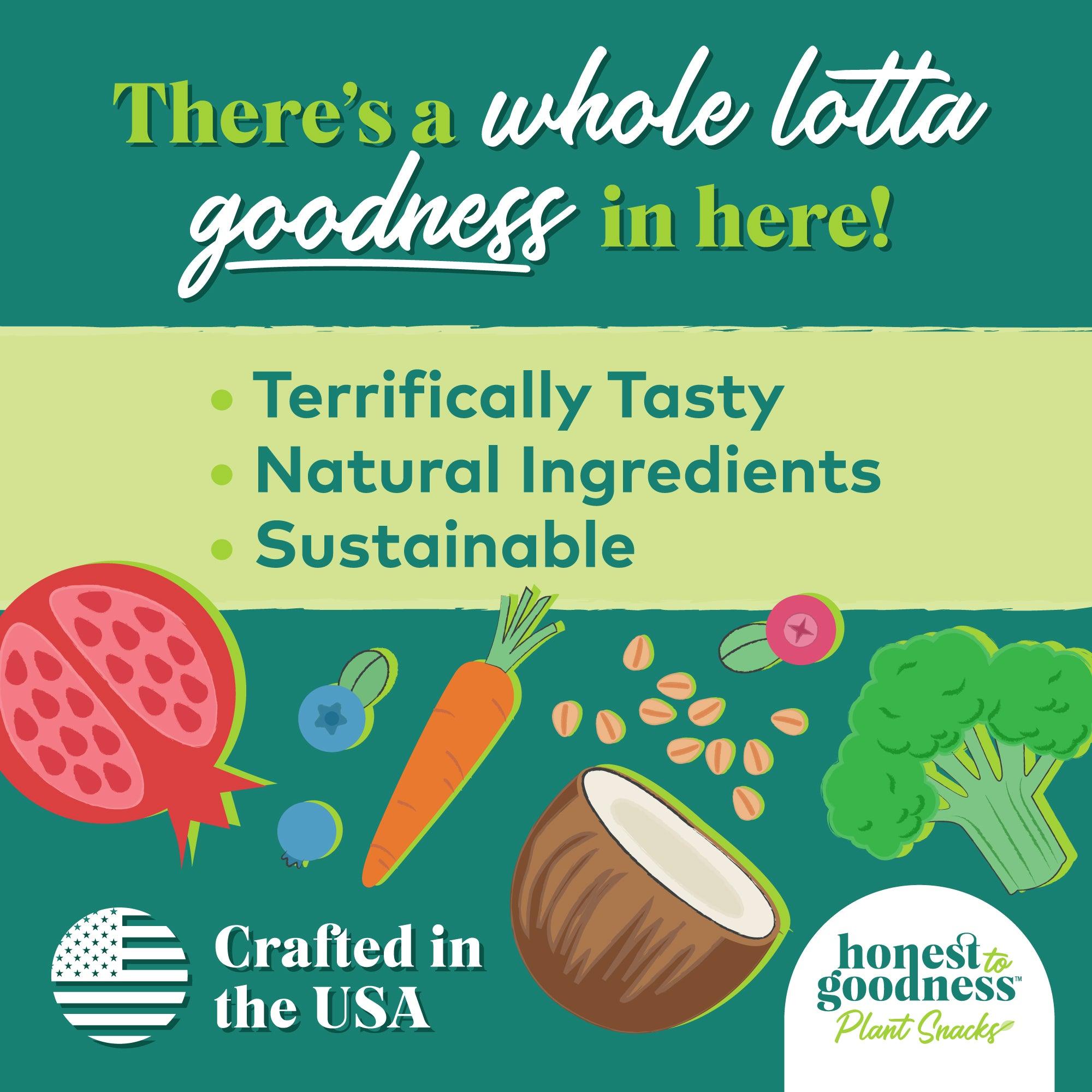 There's a whole lotta goodness in here! Terrifically tasty sustainable natural ingredients crafted in the USA. Pumpkin, carrot, coconut and pomegranate just to name a few.