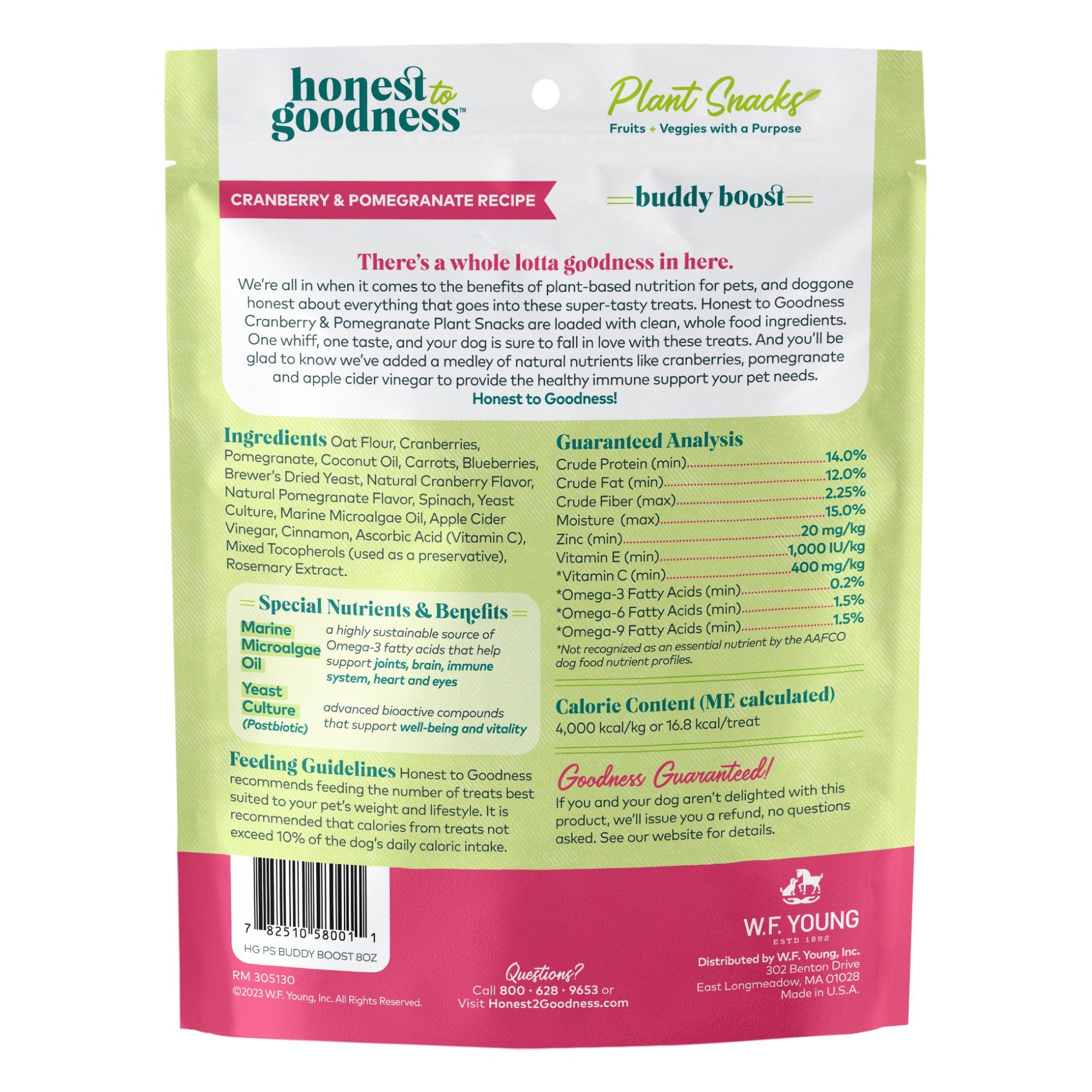 Honest to Goodness Plant Snacks fruits and veggies with a purpose. Back of bag showing ingredients that go into Buddy Boost cranberry and pomegranate recipe.