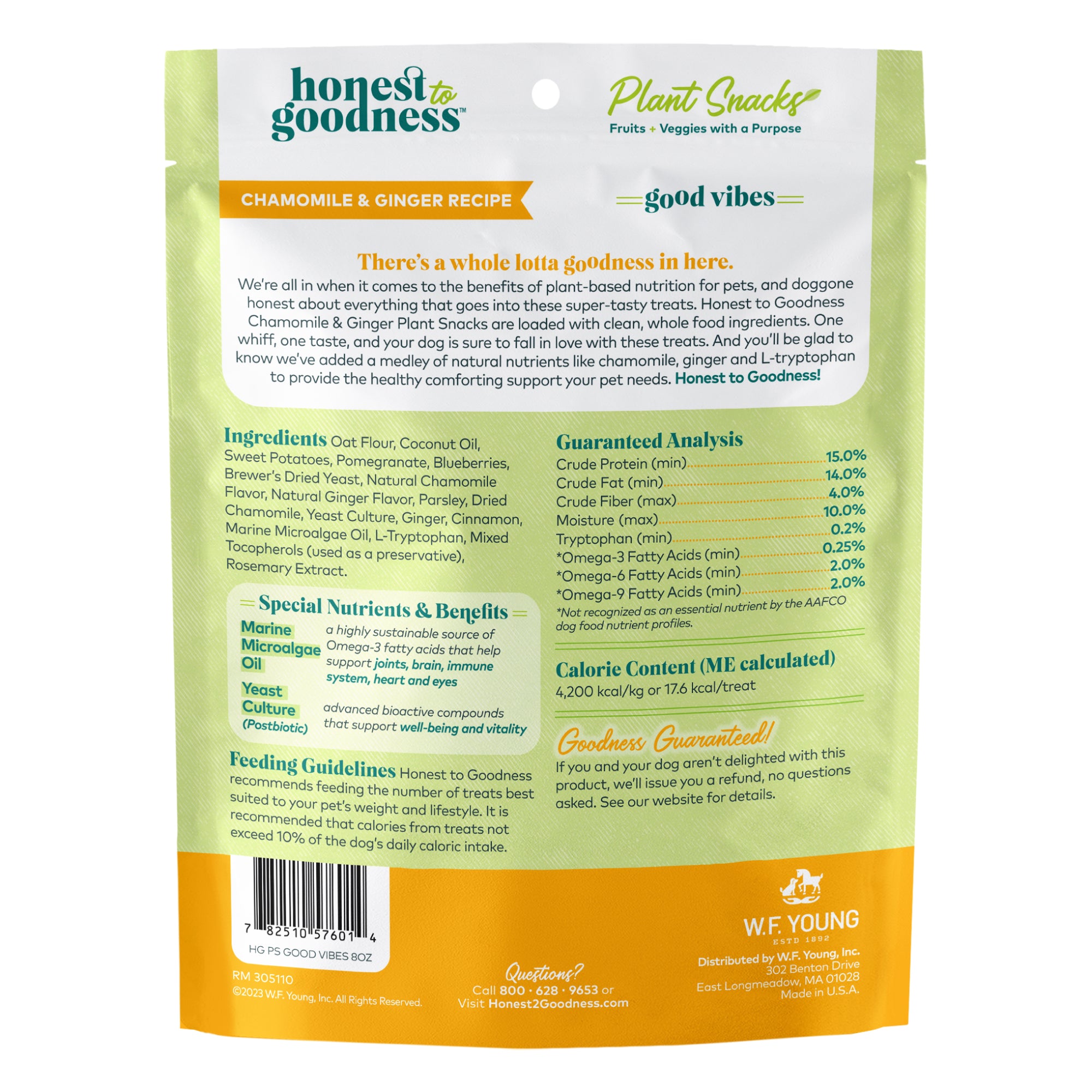 Honest to Goodness Good Vibes chamomile & ginger recipe back of bag showing ingredients.