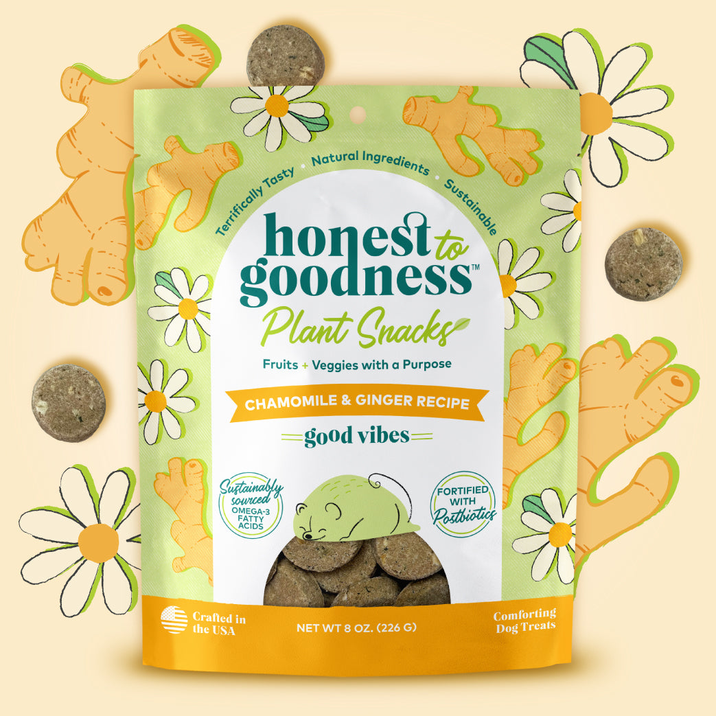 Honest to Goodness Good Vibes chamomile and ginger recipe plant snacks for dogs 8 ounce front of bag.