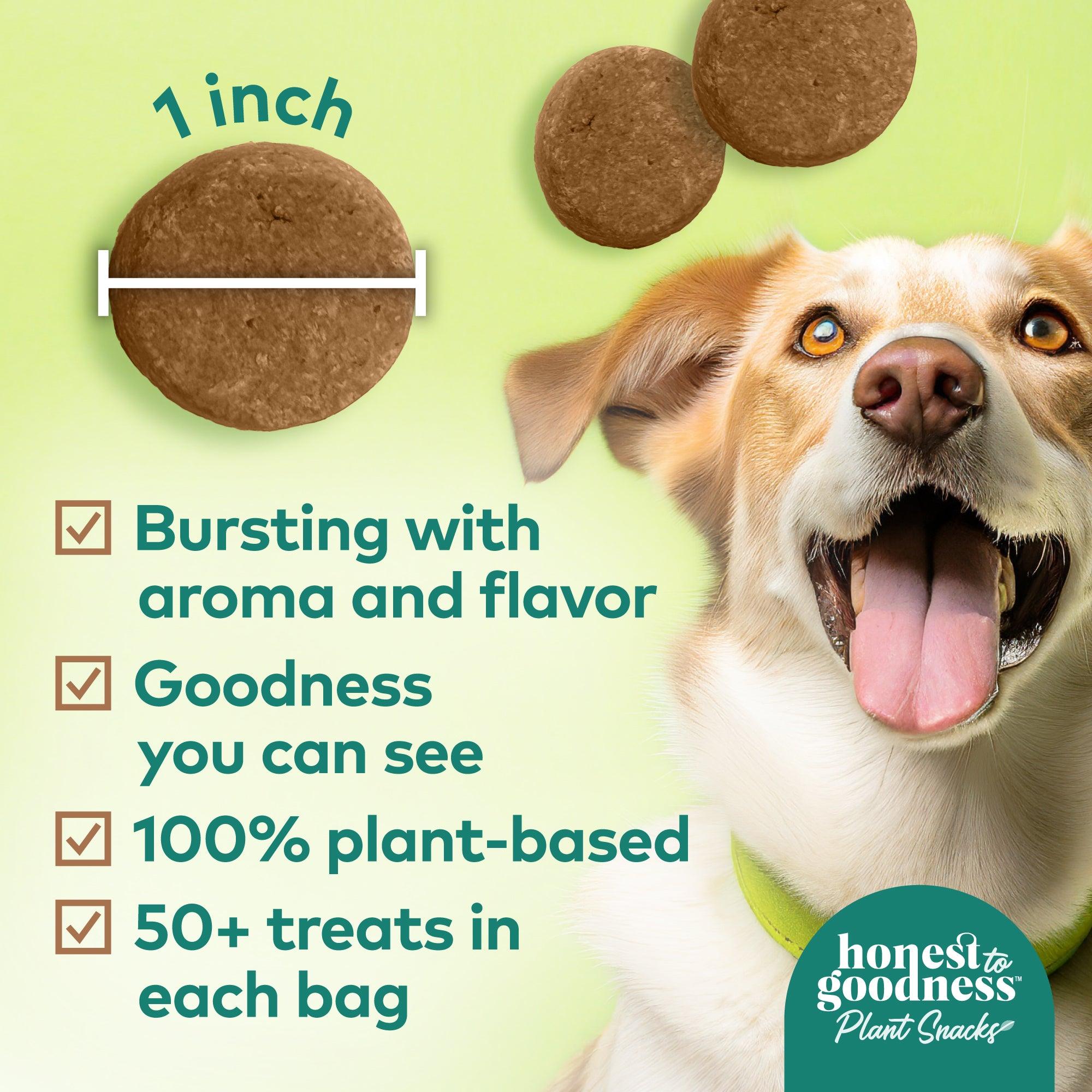 Honest to Goodness plant snacks are one inch in diameter, bursting with aroma and flavor.  They have goodness you can see, are 100% plant-based, and have 50 plus treats in each 8 ounce bag.