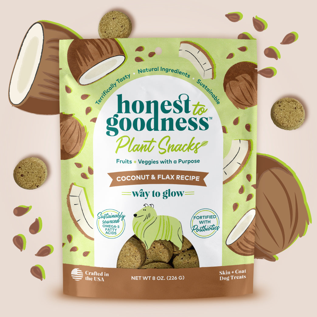 Honest to Goodness Way to Glow coconut and flax recipe plant snacks for dogs 8 ounce front of bag.