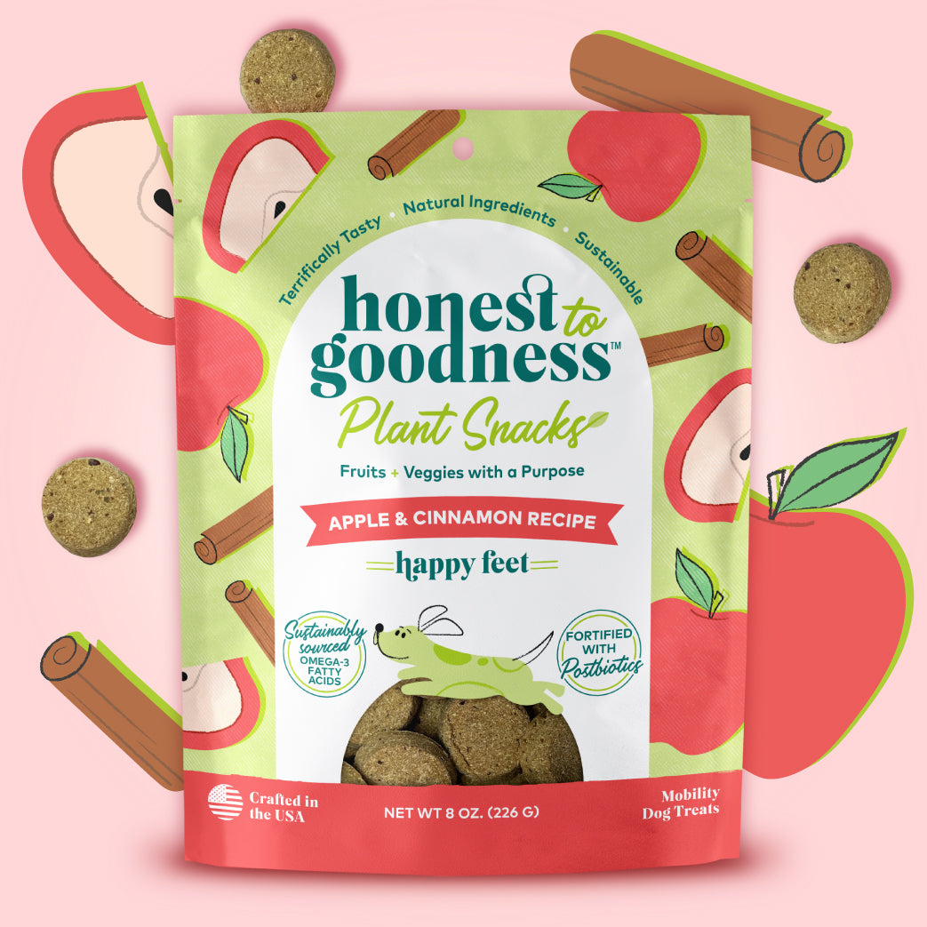 Honest to Goodness Happy Feet apple and cinnamon recipe plant snacks for dogs 8 ounce front of bag.