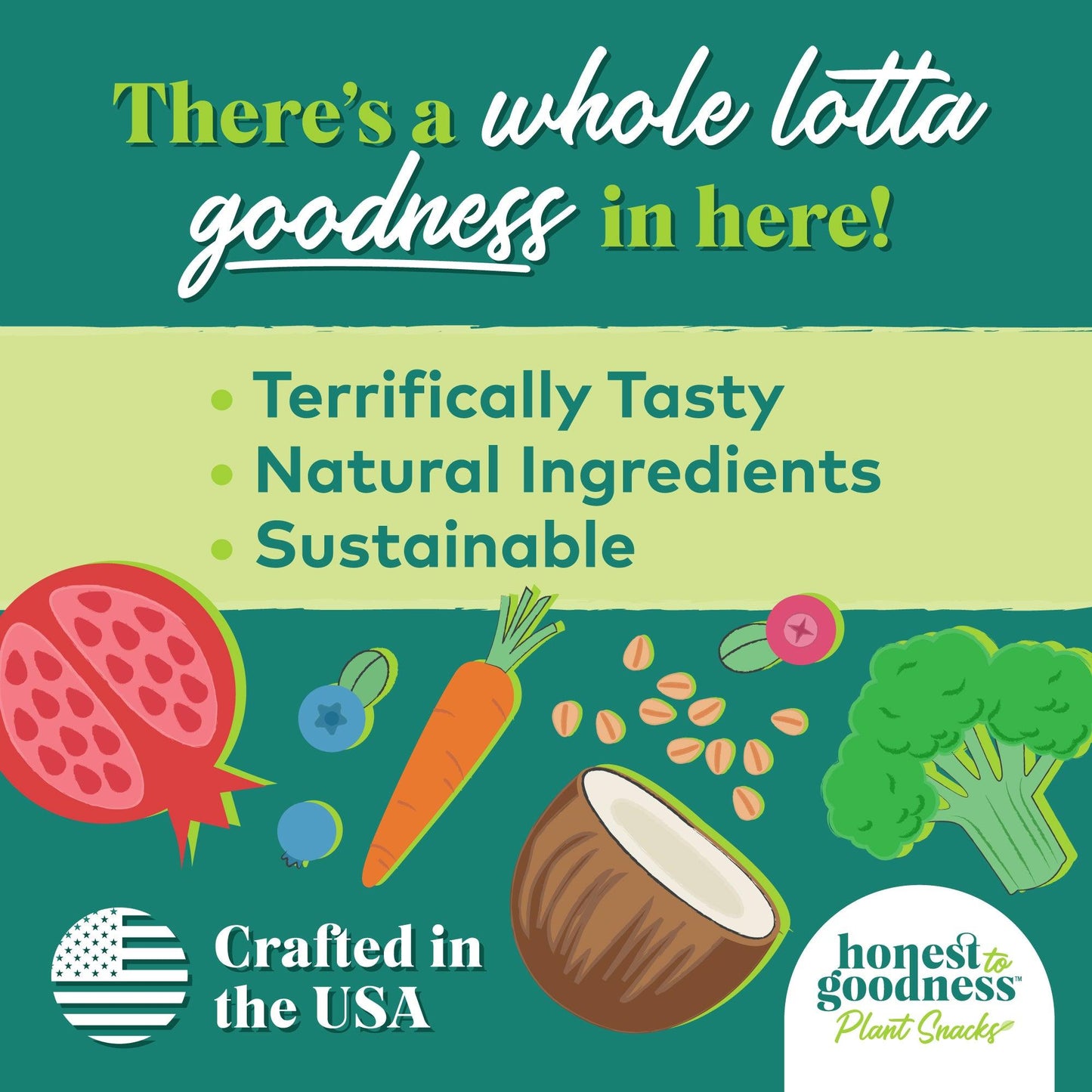 There's a whole lotta goodness in here! Terrifically tasty sustainable natural ingredients crafted in the USA. Pumpkin, carrot, coconut and pomegranate just to name a few.
