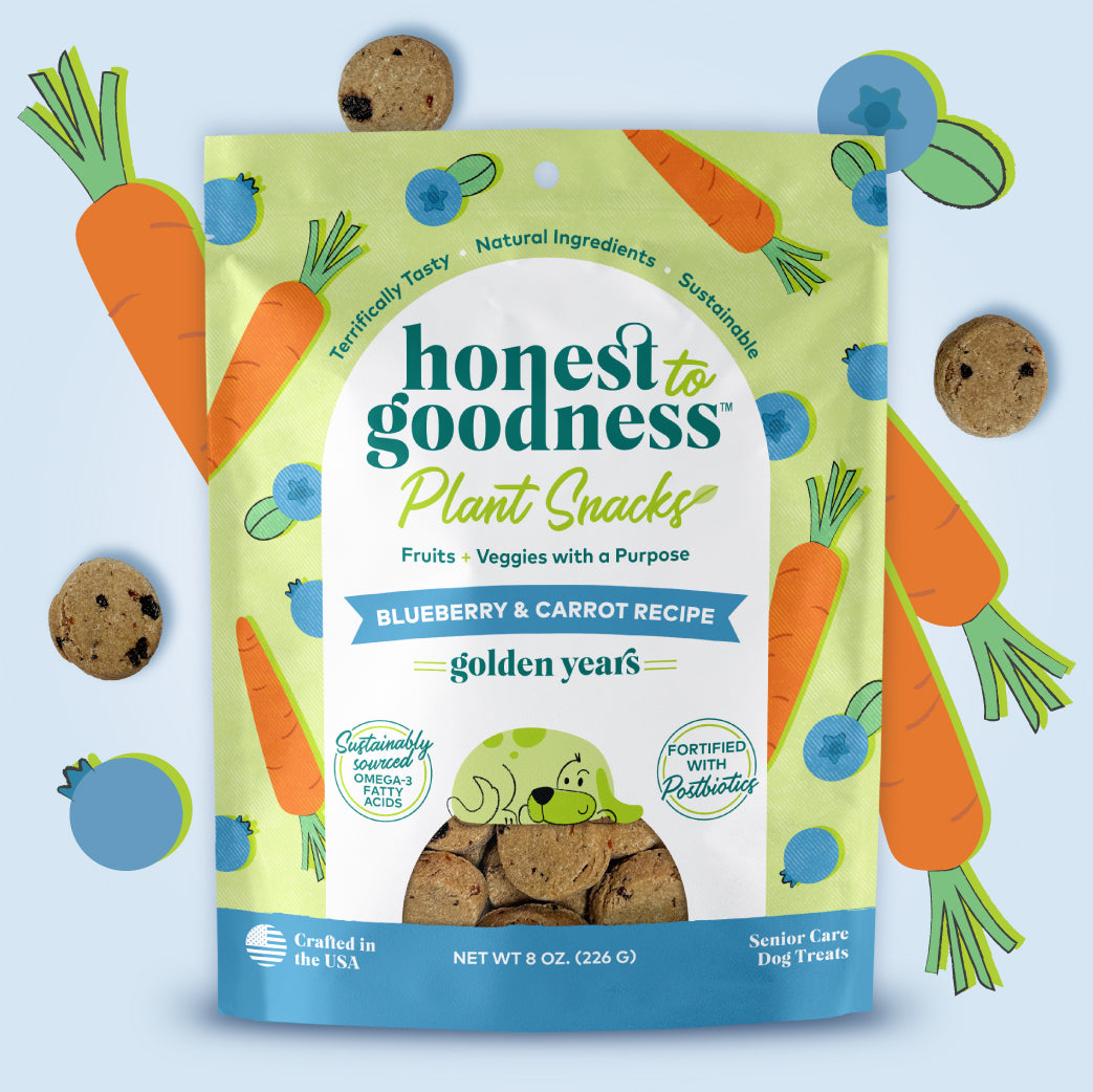  Honest to Goodness Golden Years blueberry and carrot recipe plant snacks for dogs 8 ounce front of bag.