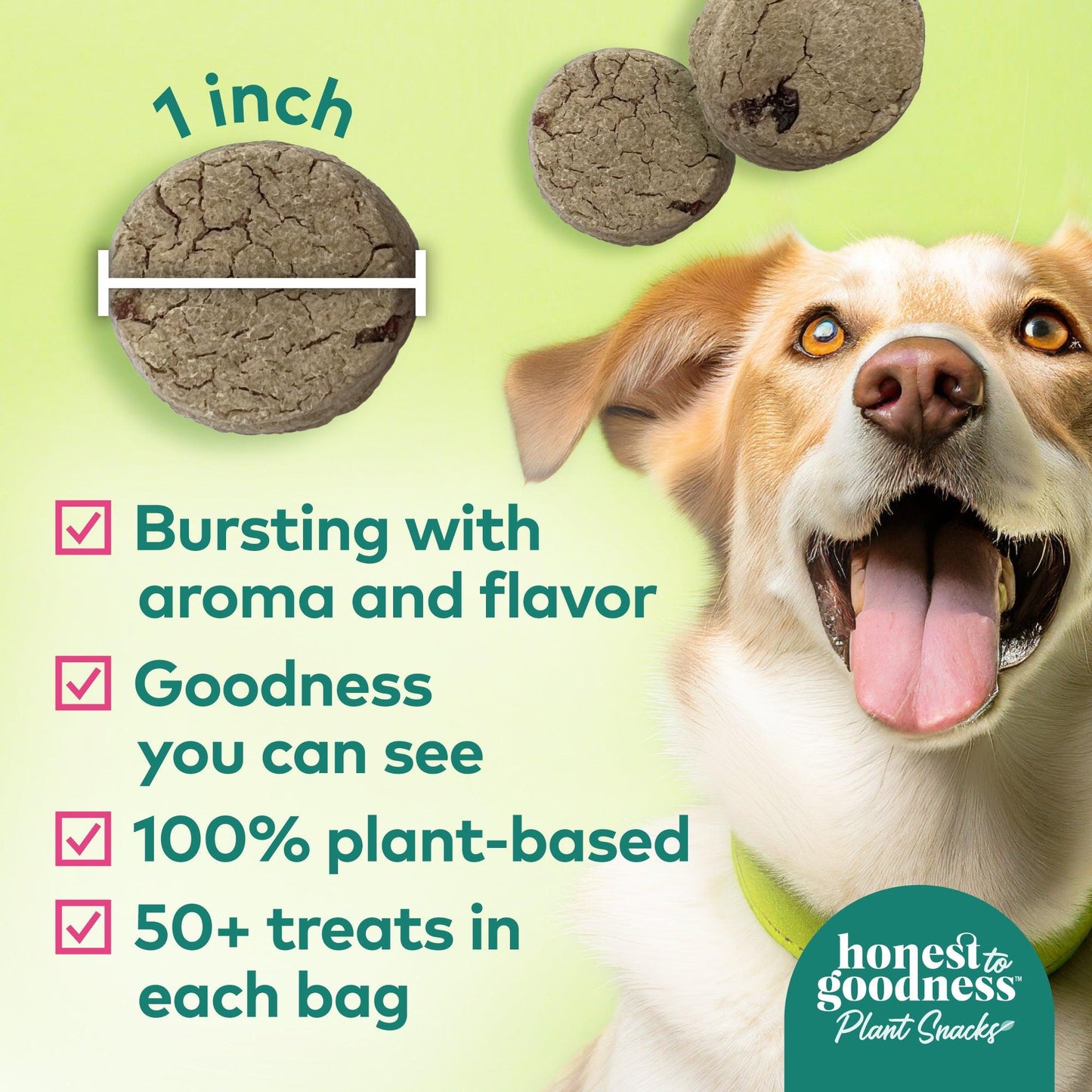 Honest to Goodness plant snacks are one inch in diameter, bursting with aroma and flavor. They have goodness you can see, are 100% plant-based, and have 50 plus treats in each 8 ounce bag.