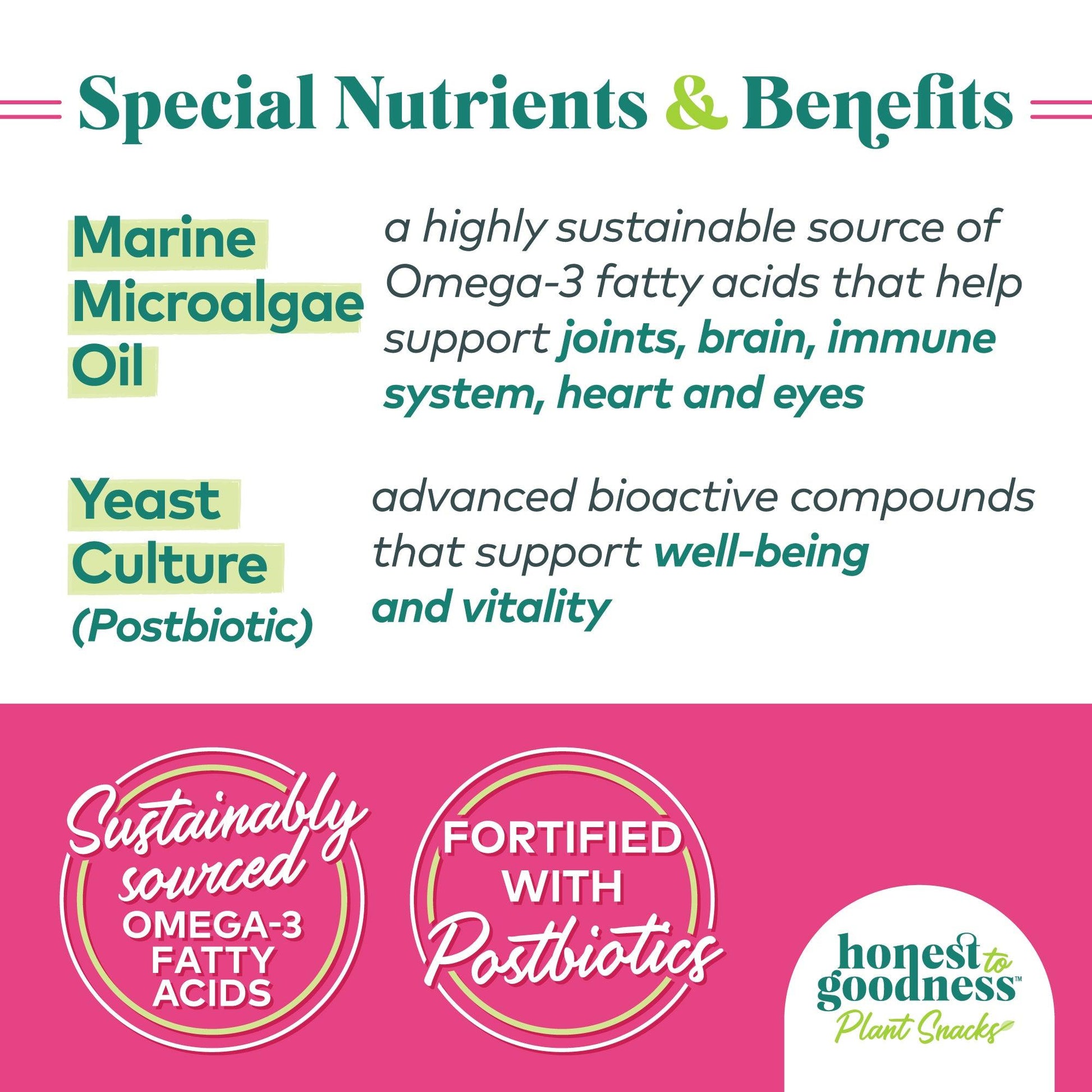 Special nutrients and benefits. Marine microalgae oil which is a highly sustainable source of Omega-3 fatty acids that help support joints, brain, immune system, heart and eyes. Yeast culture (postbiotic) is an advanced bioactive compound that supports well-being and vitality. Honest to Goodness plant snacks are fortified with postbiotics and sustainably sourced omega-3 fatty acids.
