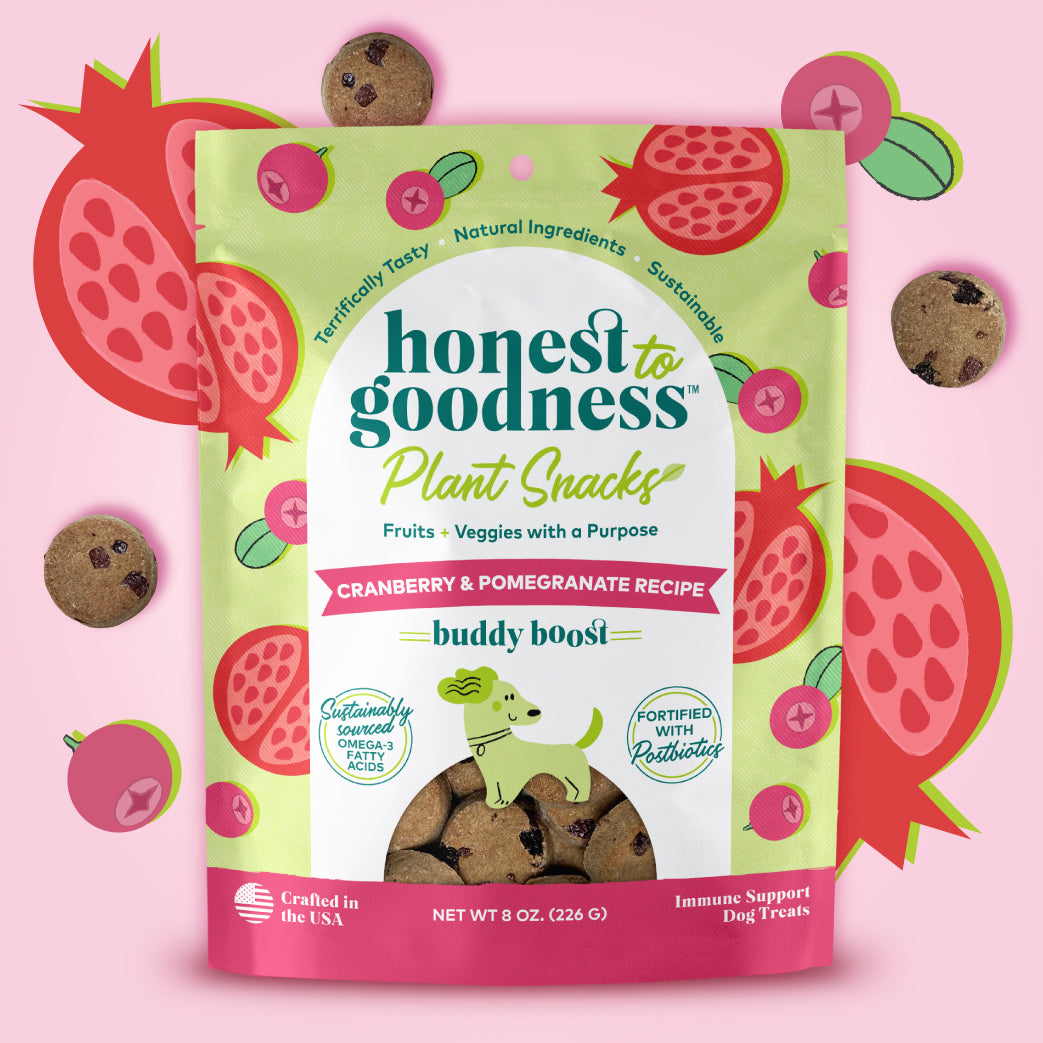 Honest to Goodness Buddy Boost cranberry and pomegranate recipe plant snacks for dogs 8 ounce front of bag.