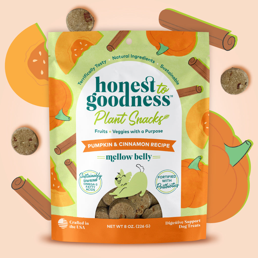 Honest to Goodness Mellow Belly pumpkin and cinnamon recipe plant snacks for dogs 8 ounce front of bag.