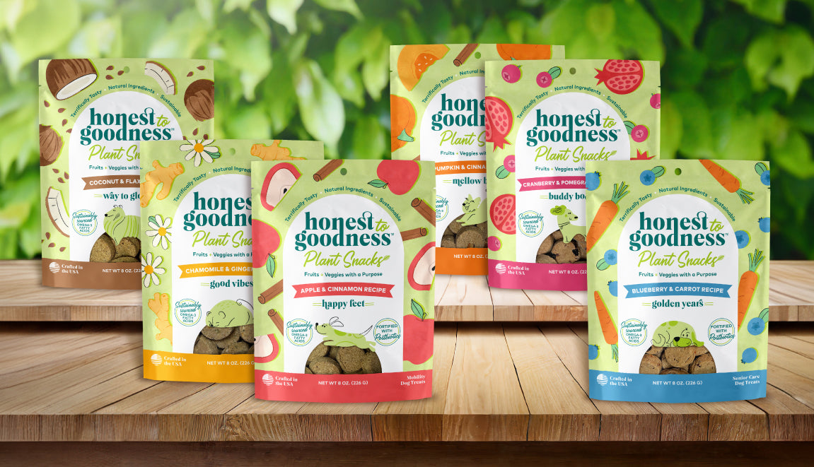 Honest to Goodness product line showing Way to Glow, Mellow Belly, Happy Feet, Good Vibes, Buddy Boost and Golden years plant snacks.