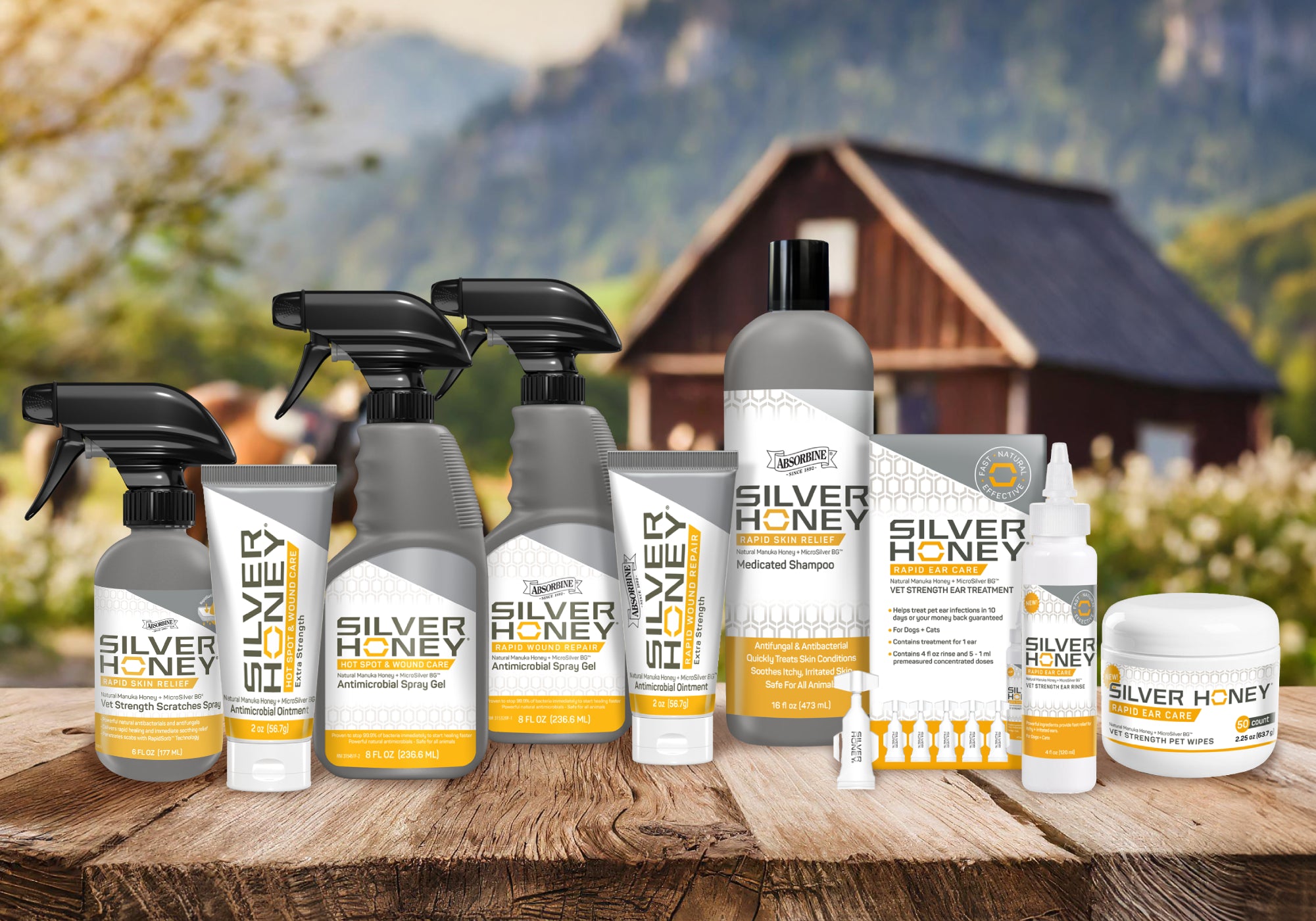 Our full line of Silver Honey products, from left to right: Scratches, ointment, hot spot spray gel, rapid wound repair gel, hot spot ointment, shampoo, Rapid ear care kit, ear rinse, and Silver Honey ear wipes.