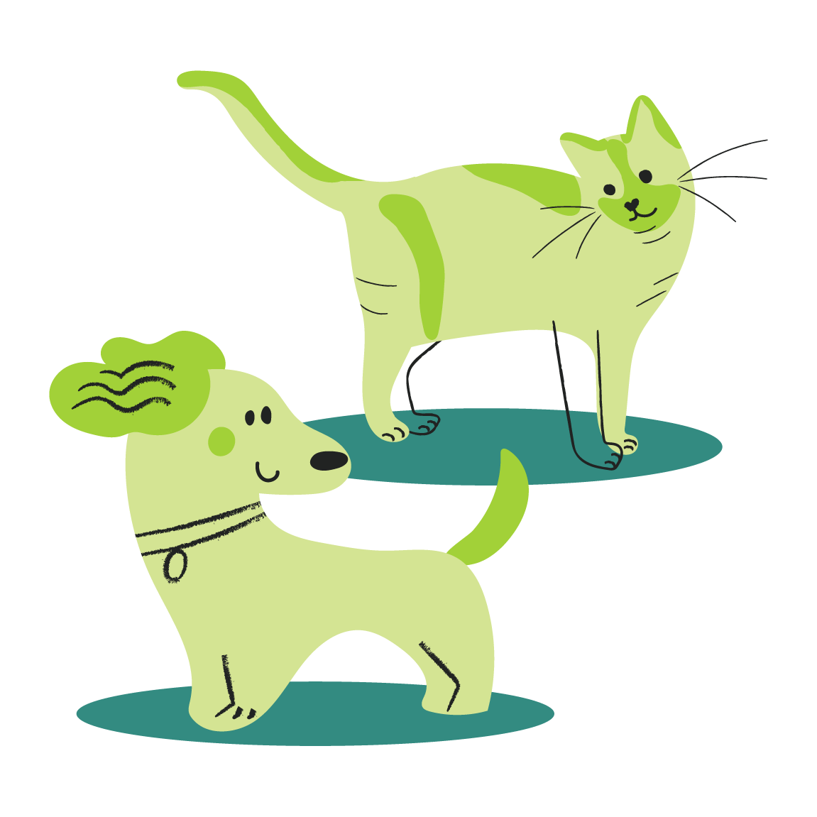 Drawn lime green cat with darker green hightlights smiling at drawn lime green dog with darker green tail and hears.