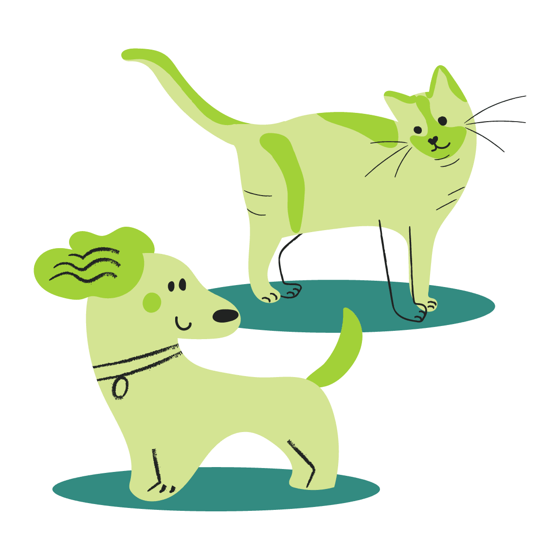 Drawn lime green cat with darker green hightlights smiling at drawn lime green dog with darker green tail and hears.